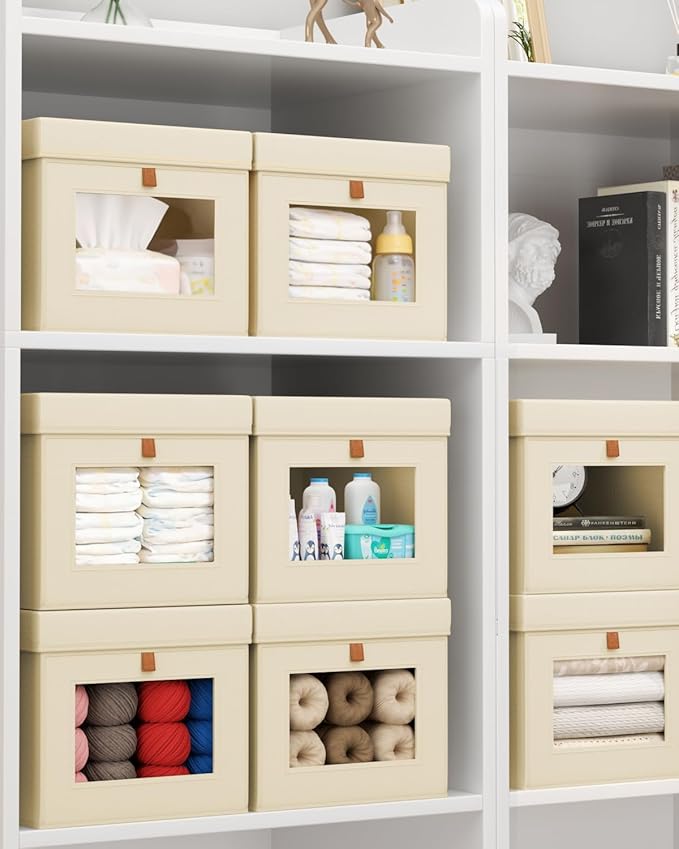 Storage Bins with Lid – Closet Organizer with Side Opening and Clear Window, Foldable Stackable Fabric Basket for Clothes, Home, Office - 13.77" x 11.8" x 9.8", 4 Pack, Beige