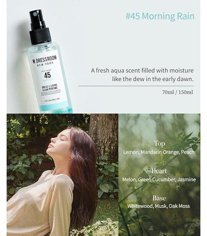 W.Dressroom No.45 Morning Rain Living Clear Perfume, Body Mist & Fabric Spray Deodorizer, Alcohol-Free Water-Based, Odor Neutralizer for Clothes, Bedding & Room, Travel Size 2.36 oz