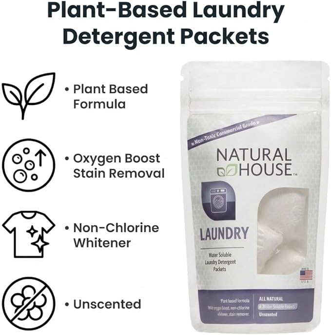 Natural House Laundry Pods - Probiotic Detergent with Oxygen Boost - Plant-Based - Septic Safe - Fragrance Free - 4 Count