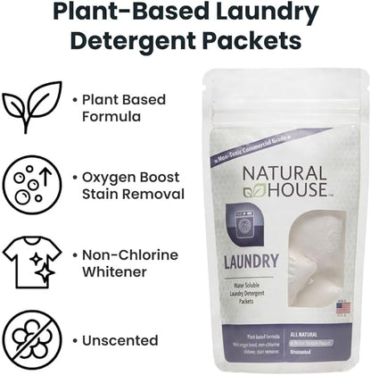 Natural House Laundry Pods - Probiotic Detergent with Oxygen Boost - Plant-Based - Septic Safe - Fragrance Free - 4 Count