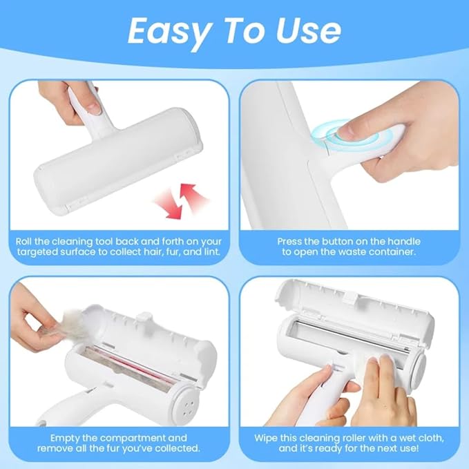 EcoPet's Pet Hair Remover – Reusable Lint Roller for Cat & Dog Fur on Furniture, Clothes, Couch, Carpet, Car, Rugs & Bedding – Portable Hair Removal Tool, Eco-Friendly, Upgraded Handle (White & Red)