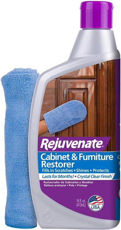Rejuvenate All Floors Restorer and Polish Fills in Scratches Protects & Restores Shine No Sanding Required (128 oz) and Rejuvenate Cabinet And Furniture Restorer Fills In Scratches, Shines And Protects Indoor Cabinets And Furniture, 16 Ounces