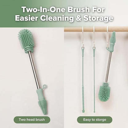 haakaa Silicone Cleaning Brush Kit - Baby Bottle Brush Cleaner for Breast Pump,Nipple,Breast Milk Storage Bag,Reusable Straw,Sippy Cup - Food Grade Silicone Bristles, Portable - 3 Pcs - Pea Green