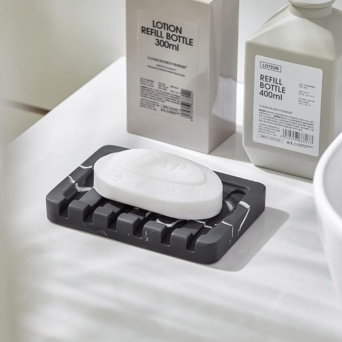 INIUNIK Self Draining Soap Dish - Marble Look Soap Holder Tray Savers Box Container Sponge Holder for Bathroom Shower Kitchen, Black