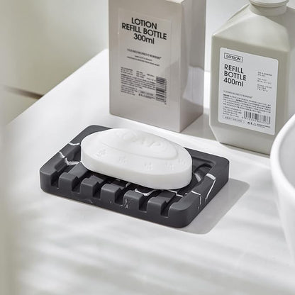 INIUNIK Self Draining Soap Dish - Marble Look Soap Holder Tray Savers Box Container Sponge Holder for Bathroom Shower Kitchen, Black