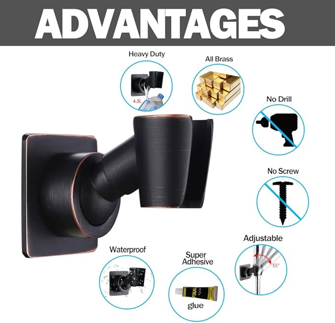 Shower Head Holder Adjustable Handheld Shower Head Bracket Adhesive Shower Wall Mount Holder Brass Shower Wand Holder Oil-Rubbed Bronze, Glue Installation