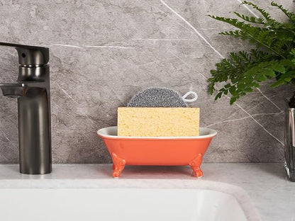 6.5" Ceramic Mini Decorative Clawfoot Bathtub Bar Soap Dish, Kitchen Sponge Holder and Shower Tray for Bathroom, 1 Pack(Coral)