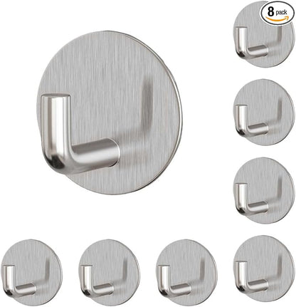 8 Pack Silver Adhesive Wall Hooks, Towel Hooks for Bathrooms, Sticky Hooks for Hanging, Stick on Wall Mount for Bathroom Kitchen Bedroom No Drill