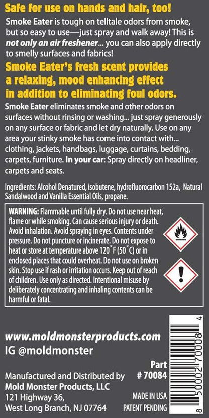 Smoke Eater Odor Eliminator Aerosol Spray, Sandalwood Vanilla, 3.5 oz — Tea Tree Oil Breaks Down Smoke at the Molecular Level