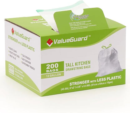 ValueGuard Large Trash Bag 13 Gallon Tall Drawstring 100% Post-Consumer Recycled Garbage Bag Waste Bag for Kitchen Office 0.6 Mil (200 Count)