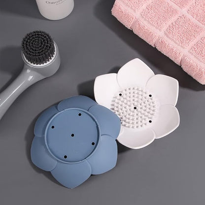 Soap Dishes with Draining, Bathroom Bar Soap Holder for Shower, Soap Tray for Kitchen Sink, Silicone Flower Shape Soap Saver for Counter, Bathtub. Extend Soap Life, Easy Dry (2 Pack, Pink + Blue)