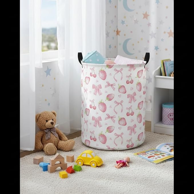Baby Laundry Hamper kids laundry Basket Waterproof Laundry Bag for Bedroom Toy Clothes Organizer Room Décor(Bowknot strawberry)