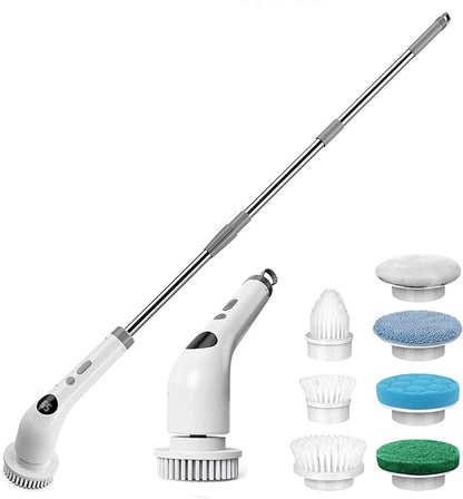 qimedo Electric Spin Scrubber with Extended Long Handle, Rechargeable Handheld Electric Scrubber for Cleaning, Cordless Power Dish Scrubber with 7 Brushes for Bathtub Grout Tile Floor