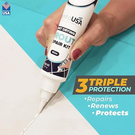 PentaUSA Tile Grout Repair Kit - Premixed Squeezable Sanded Grout Filler for Shower, Bathroom & Kitchen, Fast Drying Waterproof Triple Protection, Fills Cracked Grout Lines (White, 8.8oz / 250g)
