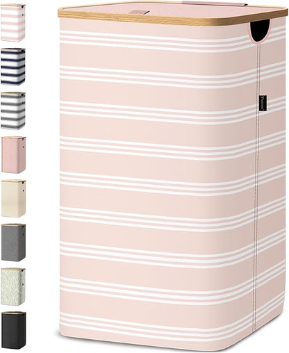 BALEINE Laundry Hamper with Lid, Tall Laundry Baskets with Bamboo Pull Handles, Large Laundry Bin with Internal Support (18 Gal/70L, Pink Pinstripe)