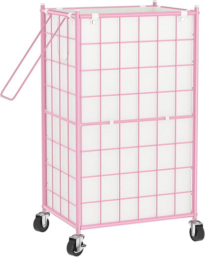 WOWLIVE Laundry Hamper with Wheels,Metal Wire Frame Rolling Laundry Basket with Removable bag,100L Dirty Clothes Hamper Organizer Dorm Room Storage for Bedroom,Bathroom,Pink
