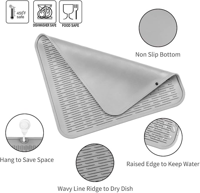 MicoYang Silicone Dish Drying Mat for Multiple Usage,Easy clean,Eco-friendly,Heat-resistant Silicone Mat for Kitchen Counter or Sink,Refrigerator or Drawer Liner Grey 2XL 24 inches x 18 inches
