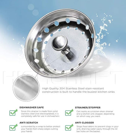 Highcraft FAUC97333-2 Kitchen Sink Basket Strainer Replacement for Standard Drains (3-1/2 Inch) Chrome Plated Stainless Steel Body With Rubber Stopper, Pack Of 2