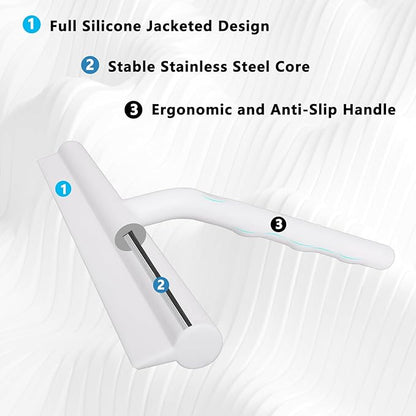 Shower Squeegee for Glass Doors, Full Silicone Jacketed Squeegee with Ergonomic Handle & No-Drill Hook, Cleaning Tool for Windows, Mirrors, Tiles, Bathroom & Car - White