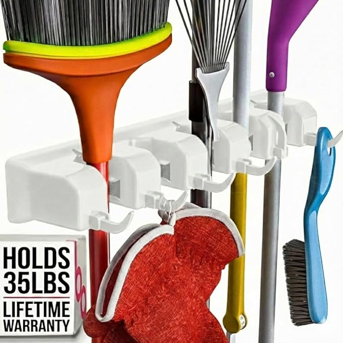 EXTRA GRIP Mop & Broom Holder Wall Mount - Wall Hanging Garden Tool & Utility Closet Organizer, Mop & Broom Hook, Broom Hanger Wall Mount, Mop Broom Organizer, Wall Mounted Broom Rack Mop Storage