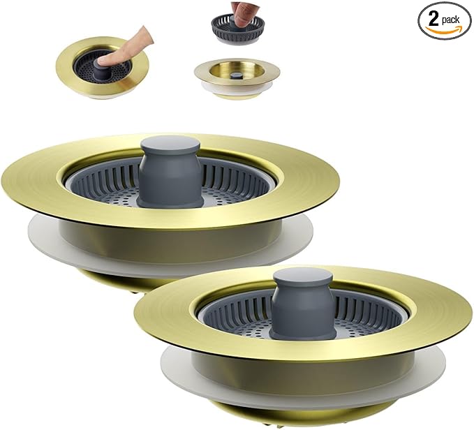Hibbent 2 Pack Upgraded 3 in 1 Kitchen Sink Drain Strainer and Stopper Combo, Stainless Steel Metal Pop Up Sink Stopper, Anti-Clogging Basket Strainer for US Standard 3-1/2 Inch Drain, Brushed Gold