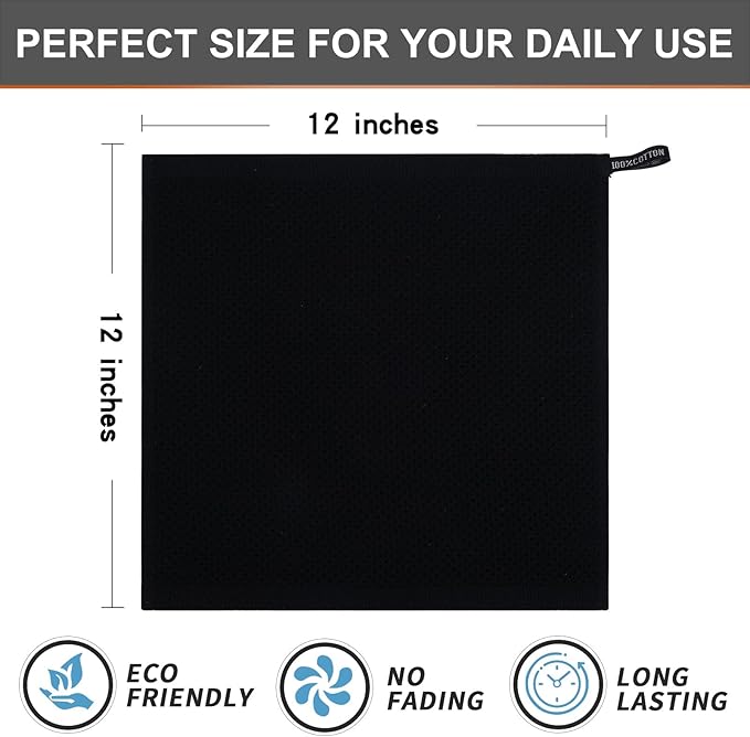 Kitinjoy 100% Cotton Kitchen Dish Cloths (12 X 12 Inches, Black), 8 Pack Waffle Weave Ultra Soft Absorbent Dish Towels for Drying Dishes Quick Drying Kitchen Towels Dish Rags