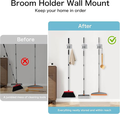 nacena 4 Pack No Drill Self Adhesive Broom Mop Holder Wall Mount with Hooks, Heavy Duty Stainless Steel Organizer for Kitchen Bathroom Garage Storage,Silver
