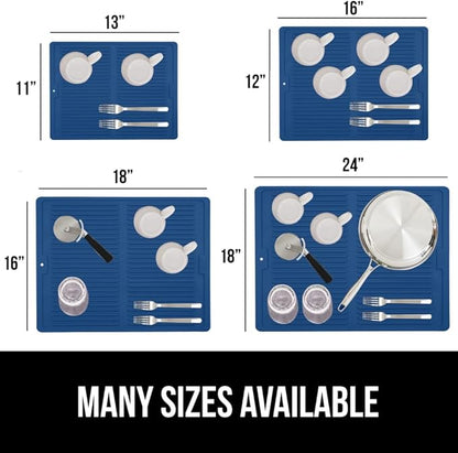 GORILLA GRIP 100% BPA-Free Patented Silicone Dish Drying Mat for Kitchen Counter, Water Catching Ribbed Design, Easy Clean Waterproof Sink Liner, Heat Resistant, Fits Under Rack, 11x13 Inch, Blue