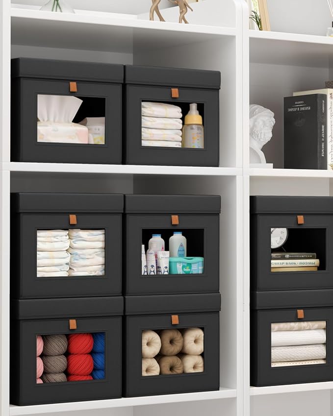 Storage Bins with Lid – Closet Organizer with Side Opening and Clear Window, Foldable Stackable Fabric Basket for Clothes, Home, Office - 13.77" x 11.8" x 9.8", 5 Pack, Black