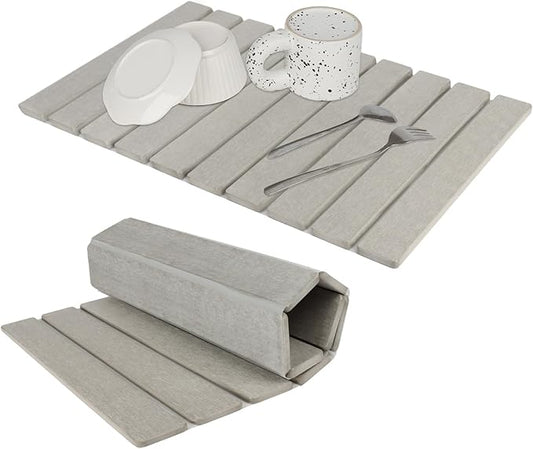 Large Stone Dish Drying Mat for Kitchen Counter, Eco-friendly, Instant Drying Pad,Diatomaceous Earth Water Absorbing Mat, Foldable and Super Absorbent Dish Drying Stone Mat, 24"×16", Warm Gray