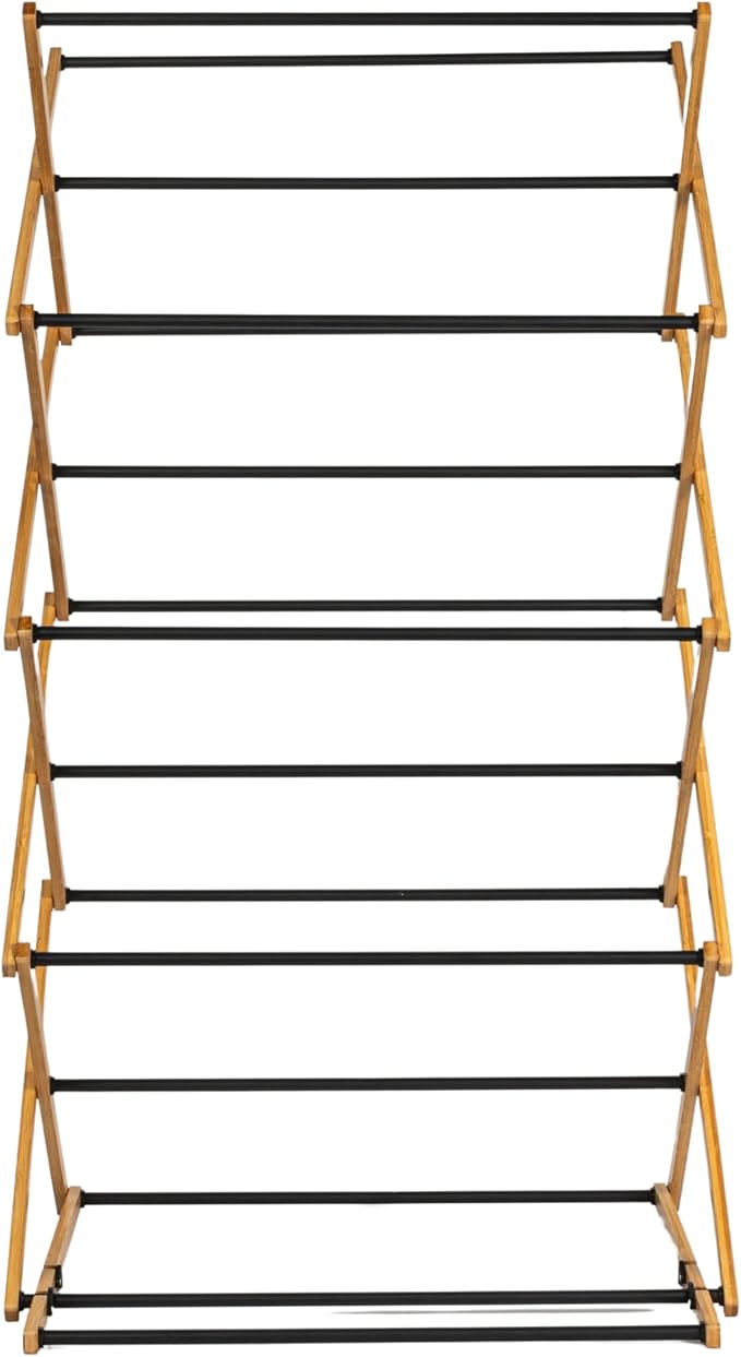 Household Essentials Bamboo Adjustable Folding Clothes Drying Rack, Upscale Laundry Rack with 16 Coated Metal Dowels, Black