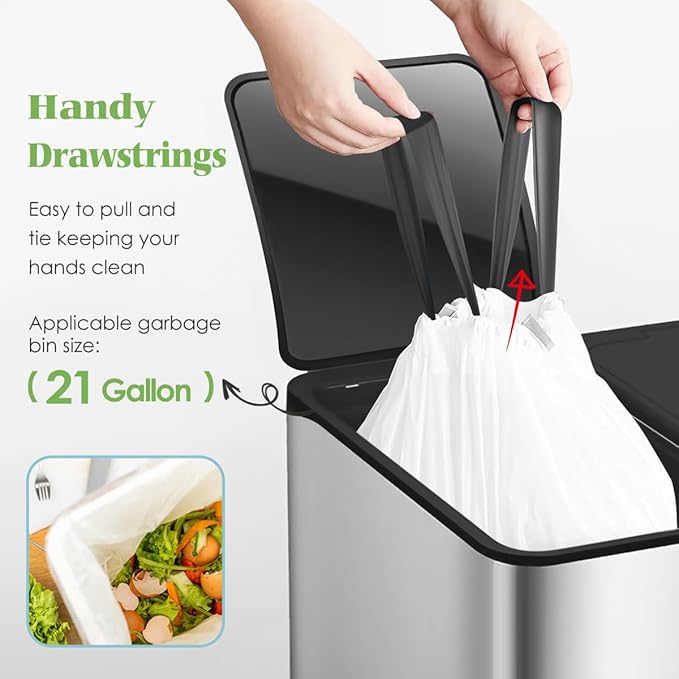 21 Gallon 120 Counts Strong Drawstring Trash Bags Garbage Bags by Teivio, Bathroom Trash Can Bin Liners, Plastic Bags for home office kitchen, White