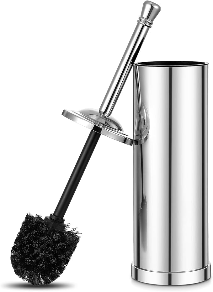 Chrome Toilet Brush and Holder,Toilet Bowl Brush with Long Handle for Bathroom,Toilet Cleaner Brush-Space,Saving,Covered Brush,Durable, Deep,Cleaning,Splash Resistant (Chrome)