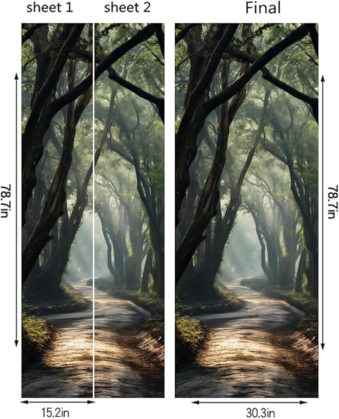 REDAMANCY Sunshine Green Forest Tree Pathway Peel and Stick Door Stickers Vinyl 3D Door Mural Decals Decor Wallpaper Self-Adhesive, Waterproof, Removable