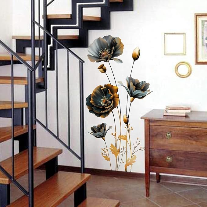 3D Wall Stickers Black Gold Floral Wall Art Decal Decor for Bedroom Living Room Offices Home Decoration