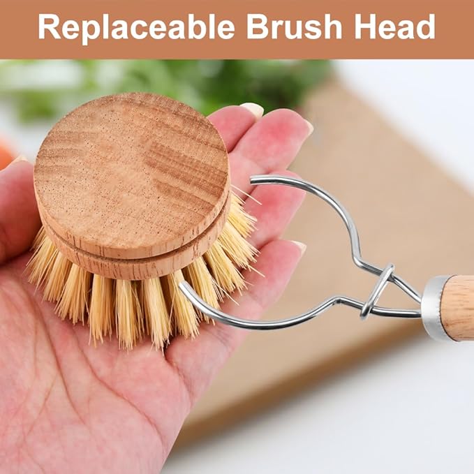 Bamboo Dish Brush with Handle, 3 Natural Bristle Heads (Horsehair, Sisal, Palm) Replaceable Heads, Wooden Dish Brush for Washing and Cleaning Pot Pan Bowl