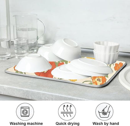 Retro Yellow Orange Flowers Dish Drying Mat for Kitchen Counter Absorbent Microfiber Drying Pad, Large 18x24 in, Reversible Drainer Mats