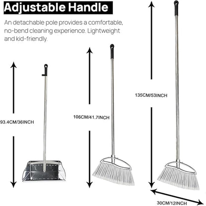 Outdoor Broom and Dustpan Comb Set,Heavy Duty Stainless Steel Metal Dust Pan with Long Handle Commercial Stiff Bristles Broom for Home Garage Garden Patio