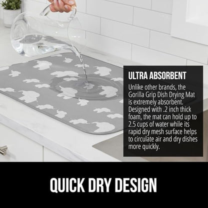 GORILLA GRIP Ultra Water Absorbent Microfiber Dish Drying Mat 2 Pack, Quick Dry Mesh, Slip Resistant Pad for Sink Dishes or Under Rack, Kitchen Counter Accessories, Machine Wash, 18x16 Inch, Elephants