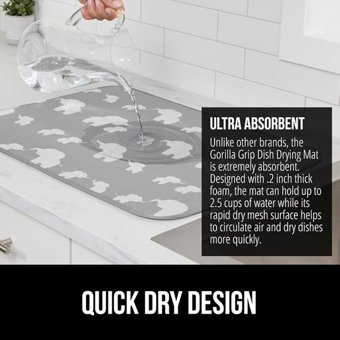 GORILLA GRIP Ultra Water Absorbent Microfiber Dish Drying Mat, 18x24, Quick Dry Mesh, Slip Resistant Pad for Sink Dishes or Under Rack, Kitchen Counter Accessories, Machine Wash, 2 Pack Elephants