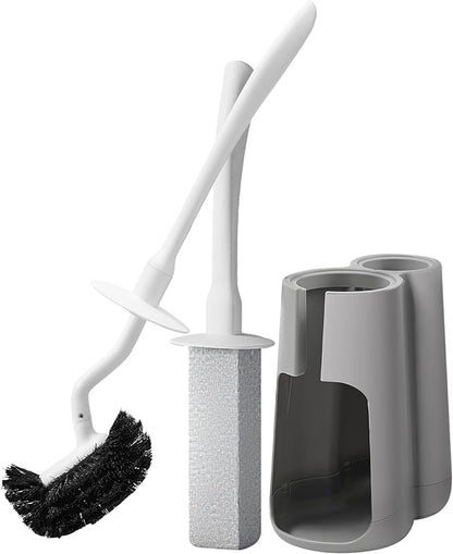 Toilet Brush and Holder Set with Pumice Stone – Long Handle Toilet Bowl Brush, Anti-Splash Scrubber, Ventilated Drip-Free Base, Deep Cleaner for Hard Water Stains, Limescale, Toilet Rings, Grey