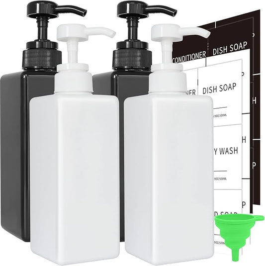 Soap Dispenser with Waterproof Labels, Thickened Plastic Hand Soap Dispenser for Bathroom, Kitchen Dish Washing Liquid Bottles, Shampoo and Conditioner Bottles with Funnel (16oz 4Pack Black White)