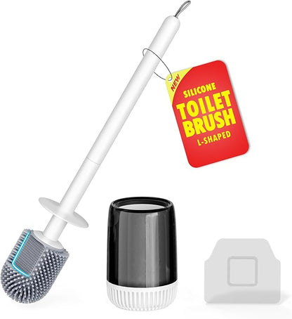Silicone Toilet Brush, L-Shaped Toilet Brush and Holder Set, Bathroom Toilet Brush with Long Non-Slip Handle, Wall Mounted or Floor Standing Design, for Home and RV Use