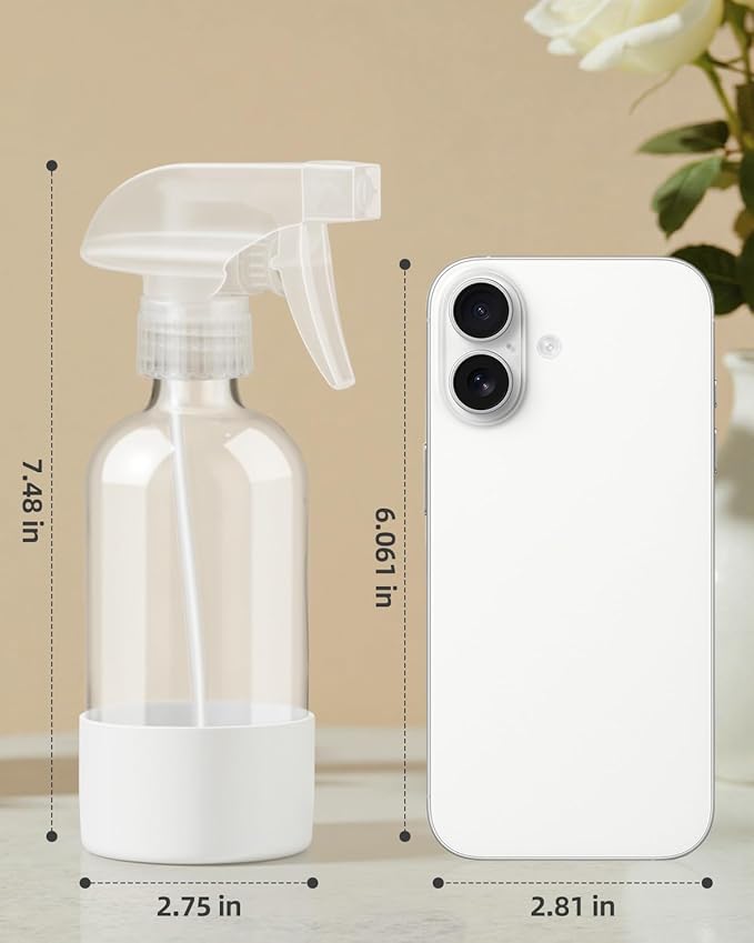Worldgsb 4 Pack Glass Spray Bottles 8 oz, Empty Refillable Containers with Silicone Sleeve Protection, Glass Spray Bottles for Cleaning Solutions, Hair and Plants with Adjustable Nozzles Black&White