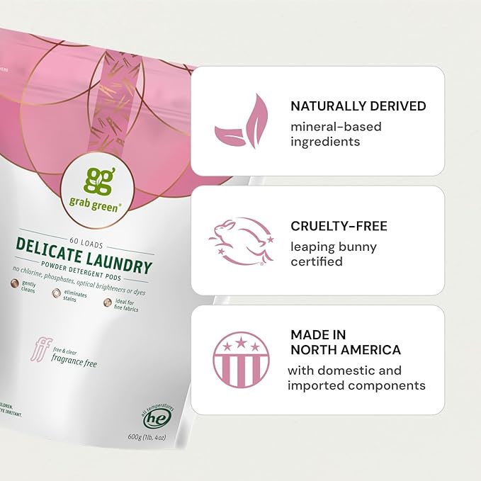 Grab Green Delicate Laundry Detergent Pods, 60 Count, Fragrance Free, Plant and Mineral Based, Gently Cleans, Eliminates Stains, Ideal for Fine Fabrics, Packaging may vary