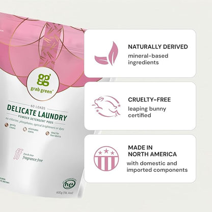 Grab Green Delicate Laundry Detergent Pods, 60 Count, Fragrance Free, Plant and Mineral Based, Gently Cleans, Eliminates Stains, Ideal for Fine Fabrics, Packaging may vary