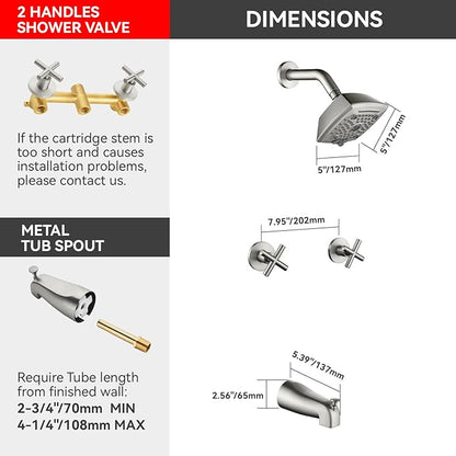 2 Handle Shower Faucet Set with Tub Spout 6-Spray Shower Head and Handle Set Shower Trim Kit with Rough-in Valve Bathroom Shower Faucet Valve Trim Kit Brushed Nickel