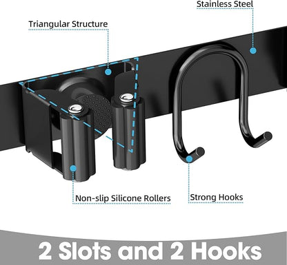 Broom Holder Wall Mount, 2-Pack Stainless Steel Mop and Broom Organizer, Broom Hanger with 2 Slots 2 Hooks for Home Kitchen, Garage, Garden and Laundry Room, Black