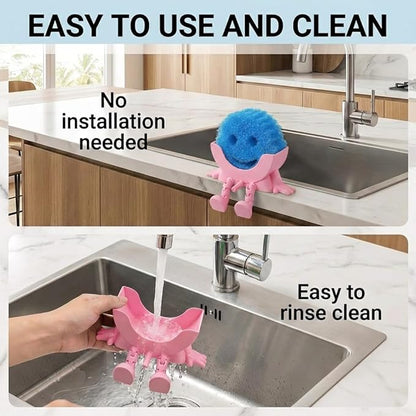 Creative Hanging Sponge Holder with Drainage/Traceless Glue, 3D Printing Countertop Funny Sponge Holders for Kitchen Sink, Keeps Your Sponge Dry & Smiling, for Scrub Daddy Holder (1, Pink)