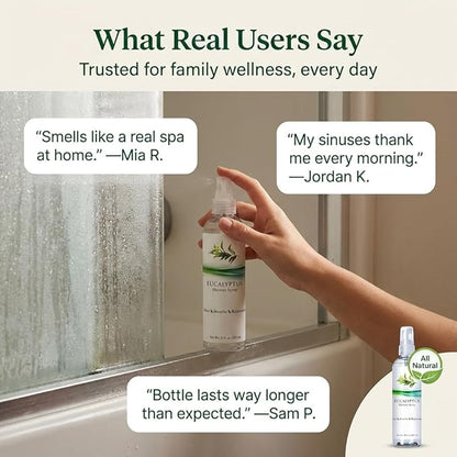 Eucalyptus Shower Spray Essential Oil, 100% Pure Aromatherapy Shower Mist for Sinus Relief, Steam Room Spa, Nasal Congestion, 8oz for Home Spa Day (Eucalyptus, 8oz)